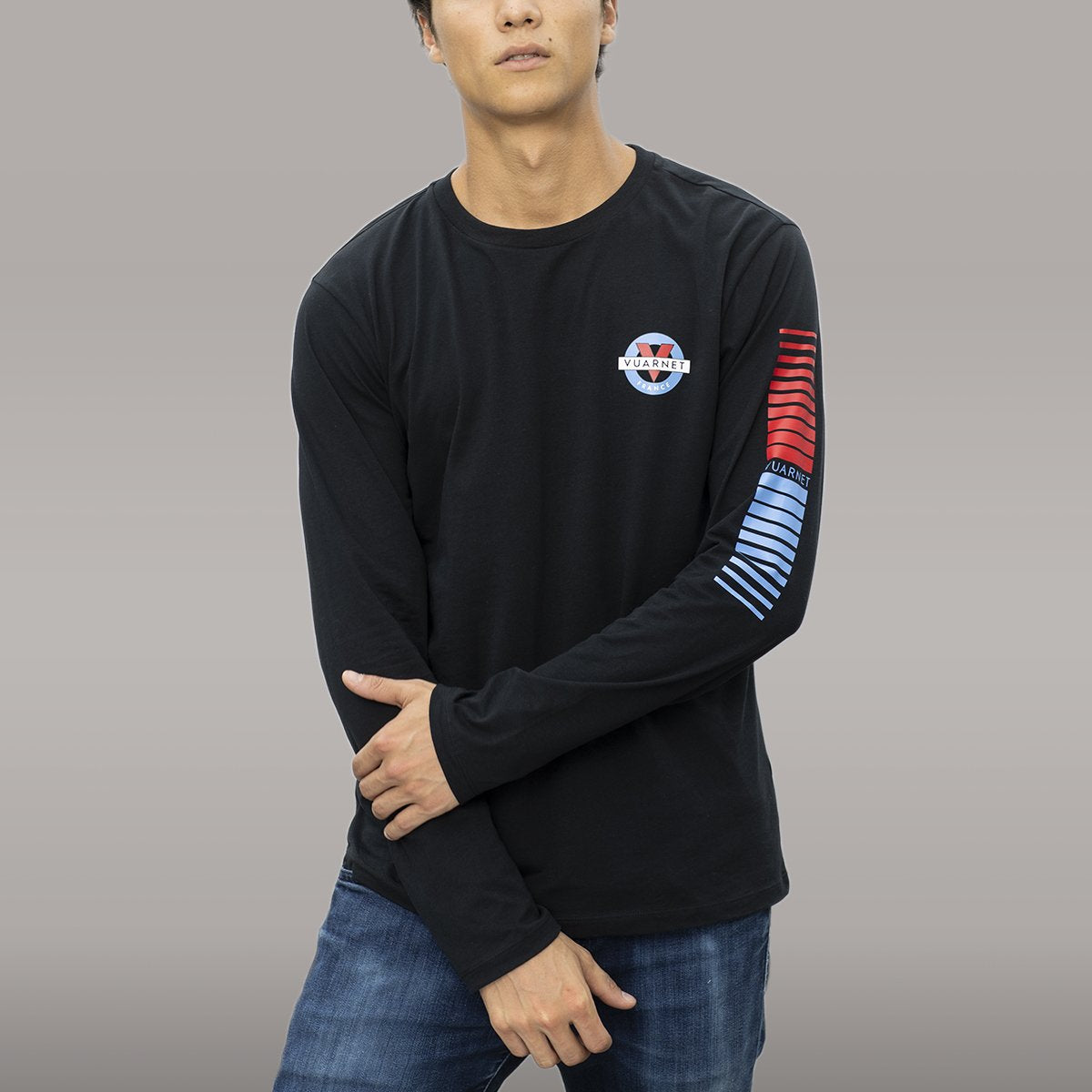 Tシャツ・カットソー RONRON OUTSTITCH STRIPE RAGLAN LONG SLEEVE GREY ZIMEGO Men's Long Sleeve Athletic Stripes Arm Contrast